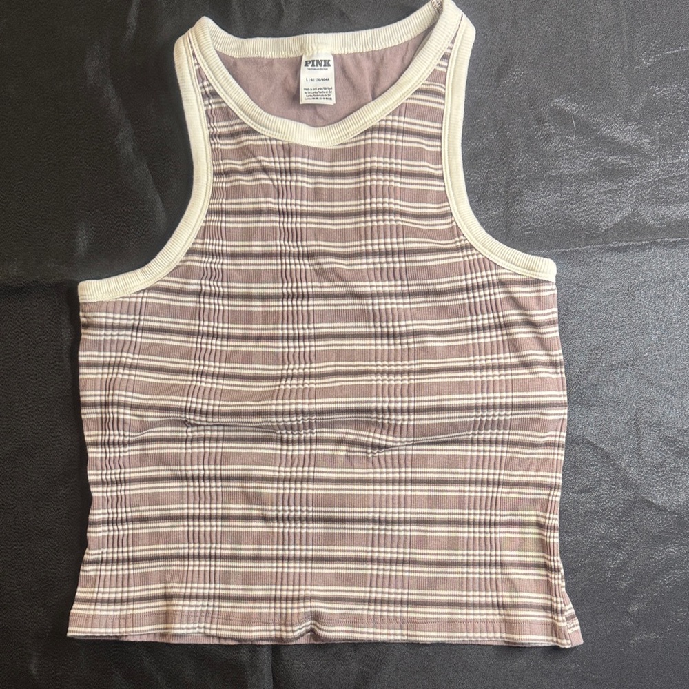 PINK Victoria's‎ Secret Brown and Cream Striped Tank Top sz L